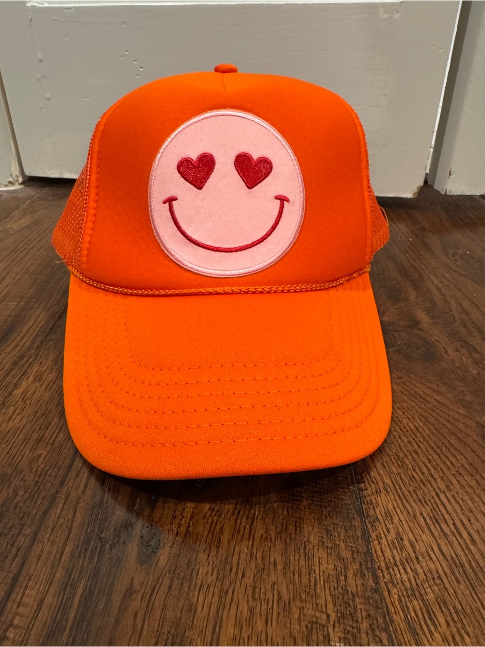 OTTO Orange Kids Trucker Hat with Pink Heart-Eye Smiley Patch